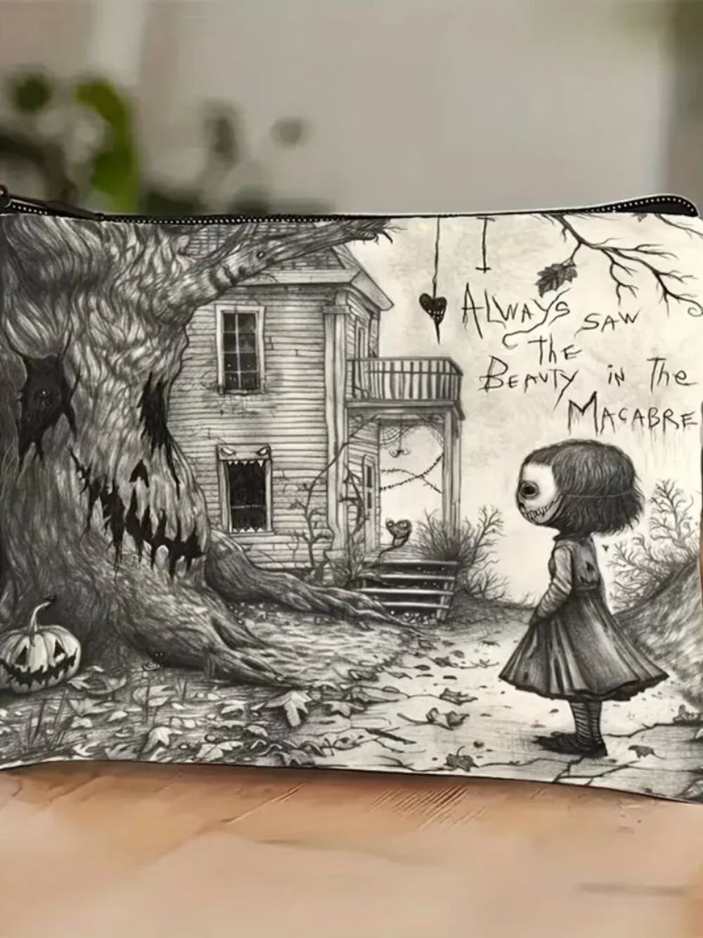 Halloween Gothic Scary Girl & Monster Tree Makeup Bag Double-Sided 7"h x 10"w